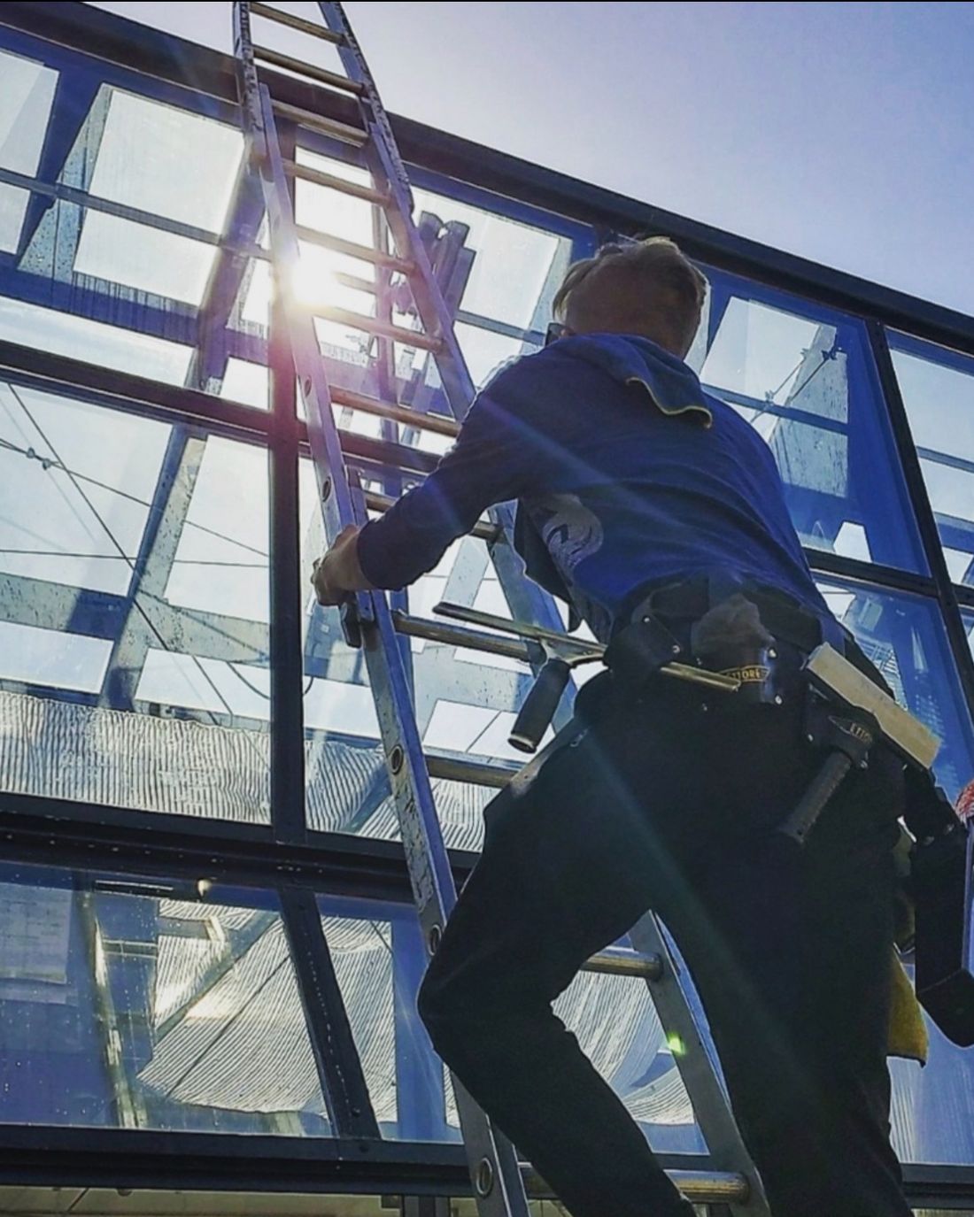 Dylan on a ladder cleaning a tall glass curtain wall
