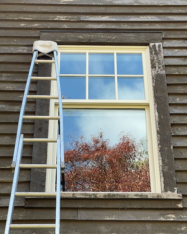 Ladder against a divided-light window on a cedar-sided home